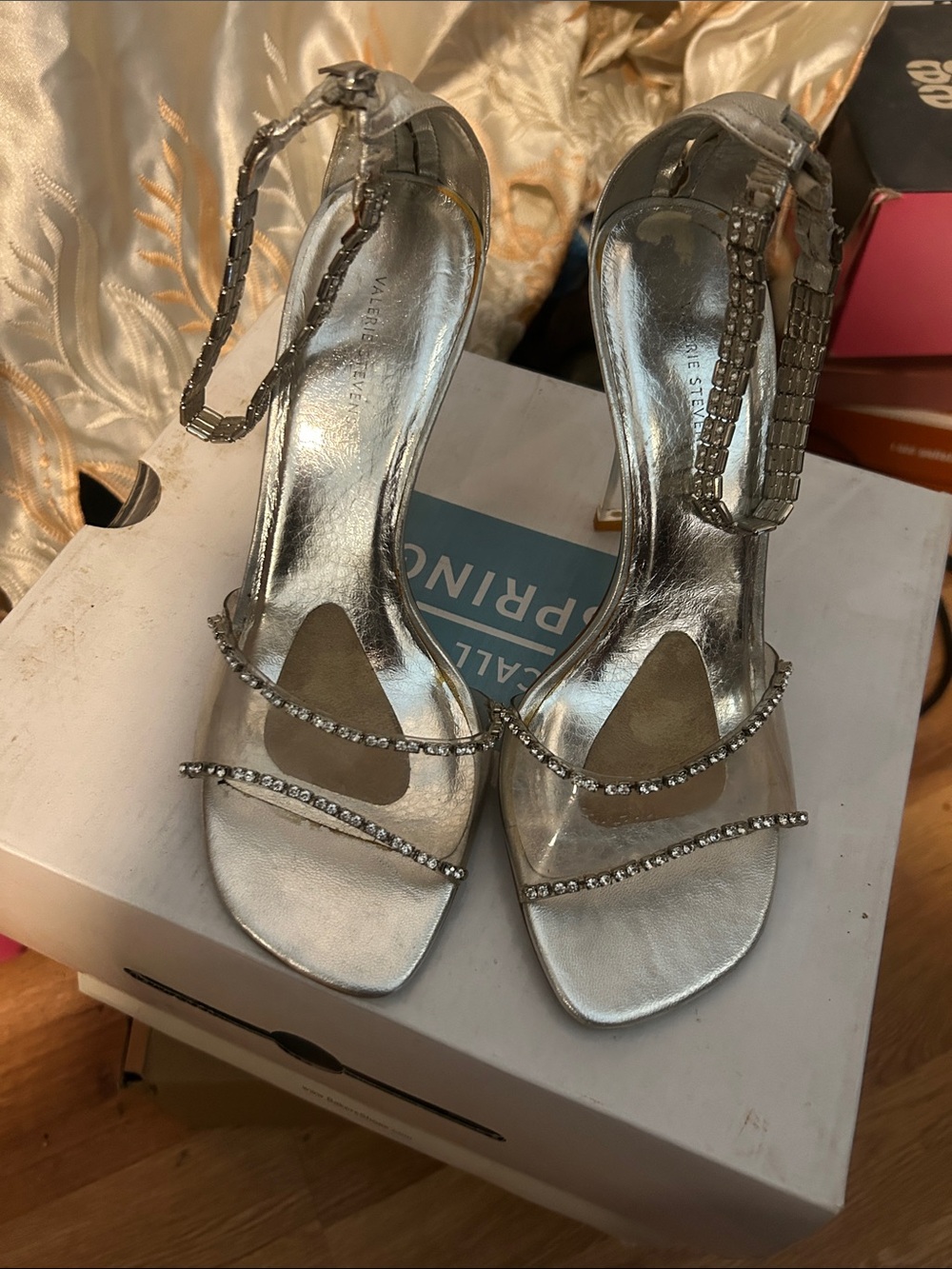 Valerie Stevens Silver Rhinestone T-Strap Heeled Sandals